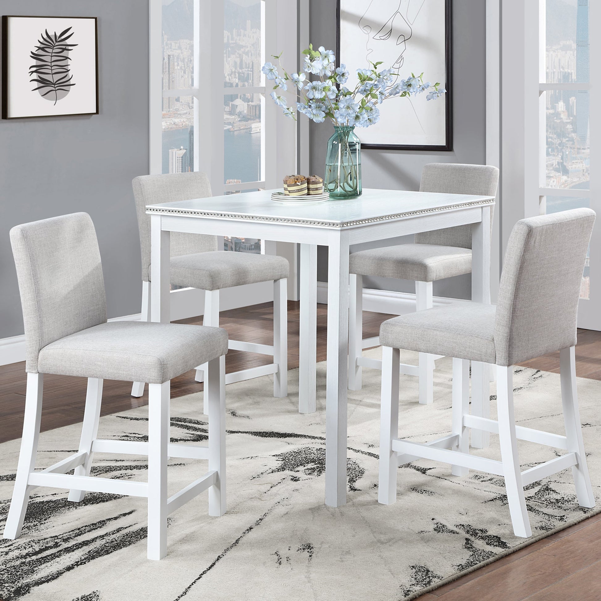 5 Piece Counter Height Table Set, Wooden Kitchen Table Set with Square Table and 4 Upholstered Chairs, Counter Height Dining Table with Crystal Decoration and Chair Set for Kitchen, Dining Room, White - 1st Choice Furniture Direct