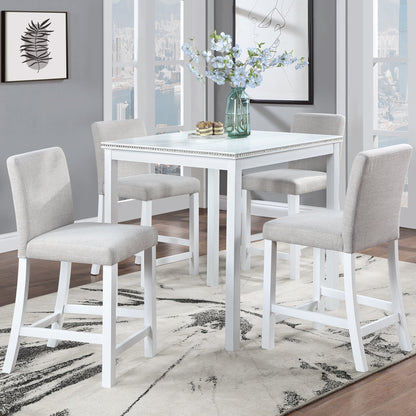5 Piece Counter Height Table Set, Wooden Kitchen Table Set with Square Table and 4 Upholstered Chairs, Counter Height Dining Table with Crystal Decoration and Chair Set for Kitchen, Dining Room, White - 1st Choice Furniture Direct