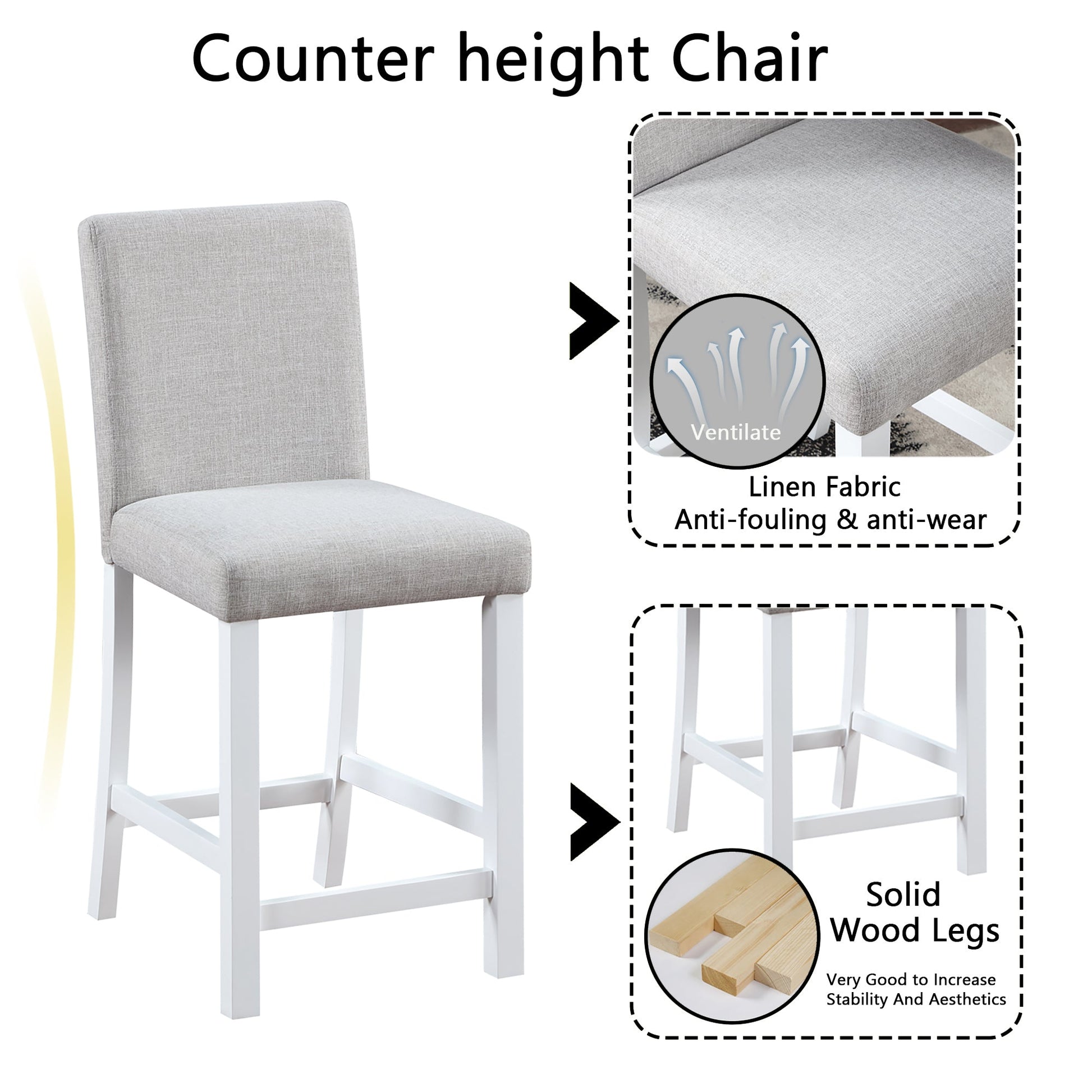 5 Piece Counter Height Table Set, Wooden Kitchen Table Set with Square Table and 4 Upholstered Chairs, Counter Height Dining Table with Crystal Decoration and Chair Set for Kitchen, Dining Room, White - 1st Choice Furniture Direct