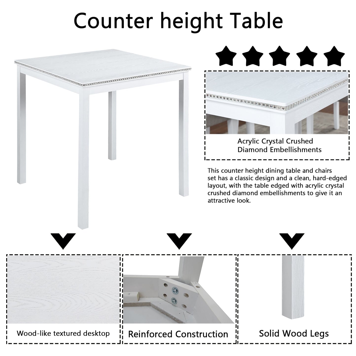 5 Piece Counter Height Table Set, Wooden Kitchen Table Set with Square Table and 4 Upholstered Chairs, Counter Height Dining Table with Crystal Decoration and Chair Set for Kitchen, Dining Room, White - 1st Choice Furniture Direct