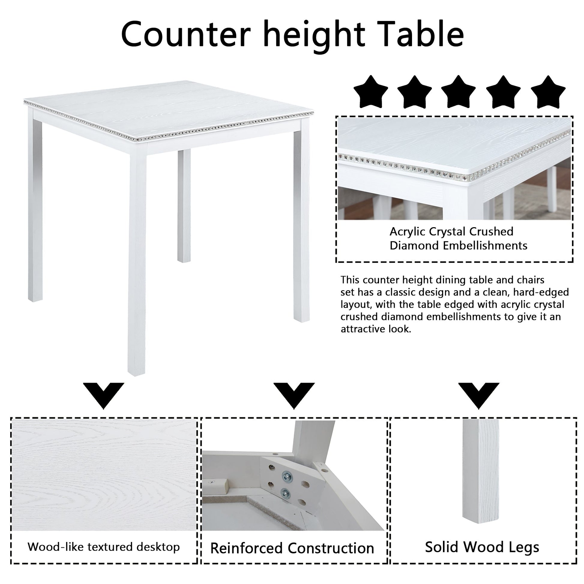 5 Piece Counter Height Table Set, Wooden Kitchen Table Set with Square Table and 4 Upholstered Chairs, Counter Height Dining Table with Crystal Decoration and Chair Set for Kitchen, Dining Room, White - 1st Choice Furniture Direct