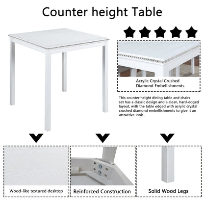 5 Piece Counter Height Table Set, Wooden Kitchen Table Set with Square Table and 4 Upholstered Chairs, Counter Height Dining Table with Crystal Decoration and Chair Set for Kitchen, Dining Room, White - 1st Choice Furniture Direct
