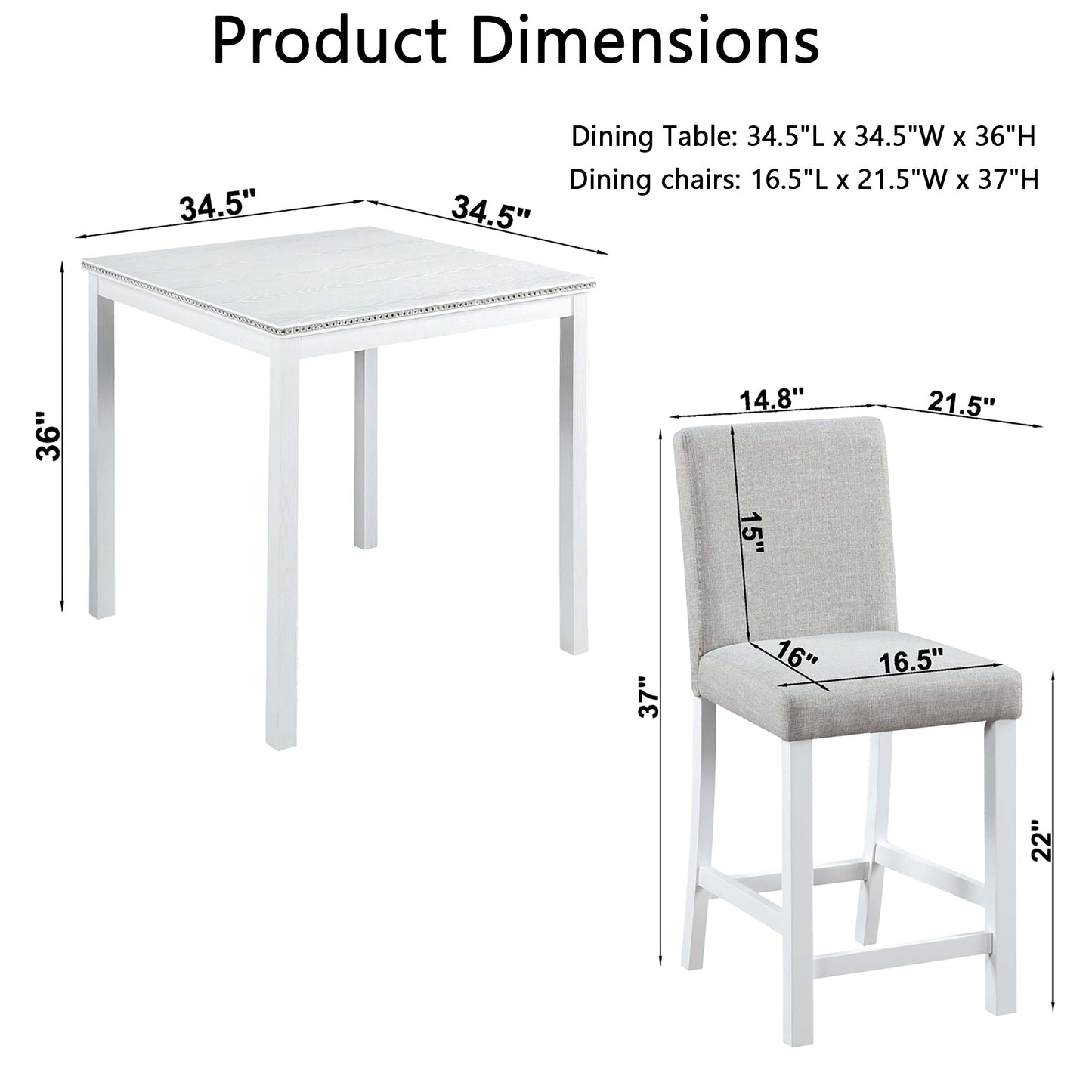 5 Piece Counter Height Table Set, Wooden Kitchen Table Set with Square Table and 4 Upholstered Chairs, Counter Height Dining Table with Crystal Decoration and Chair Set for Kitchen, Dining Room, White - 1st Choice Furniture Direct