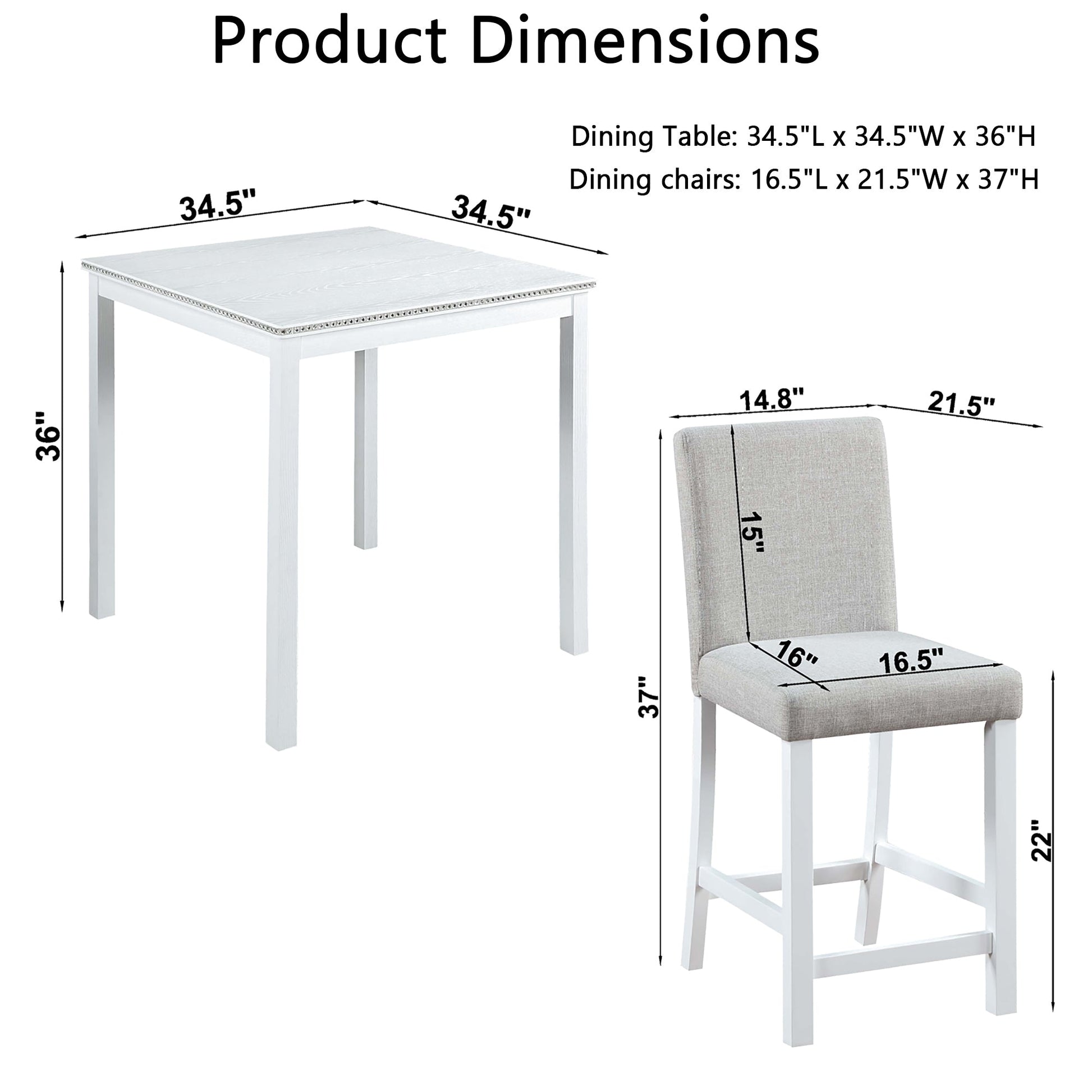 5 Piece Counter Height Table Set, Wooden Kitchen Table Set with Square Table and 4 Upholstered Chairs, Counter Height Dining Table with Crystal Decoration and Chair Set for Kitchen, Dining Room, White - 1st Choice Furniture Direct