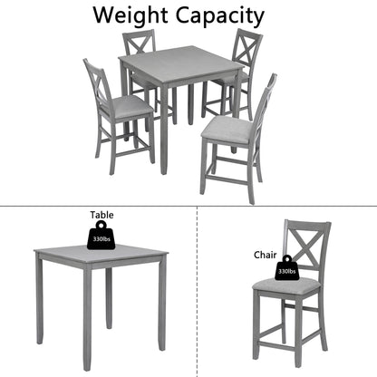 5 Piece Dining Table Set, Wooden Dining Square Table Set for 4, Counter Height Kitchen Table Set with Square Table and 4 Upholstered Chairs for Small Space, Gray - 1st Choice Furniture Direct