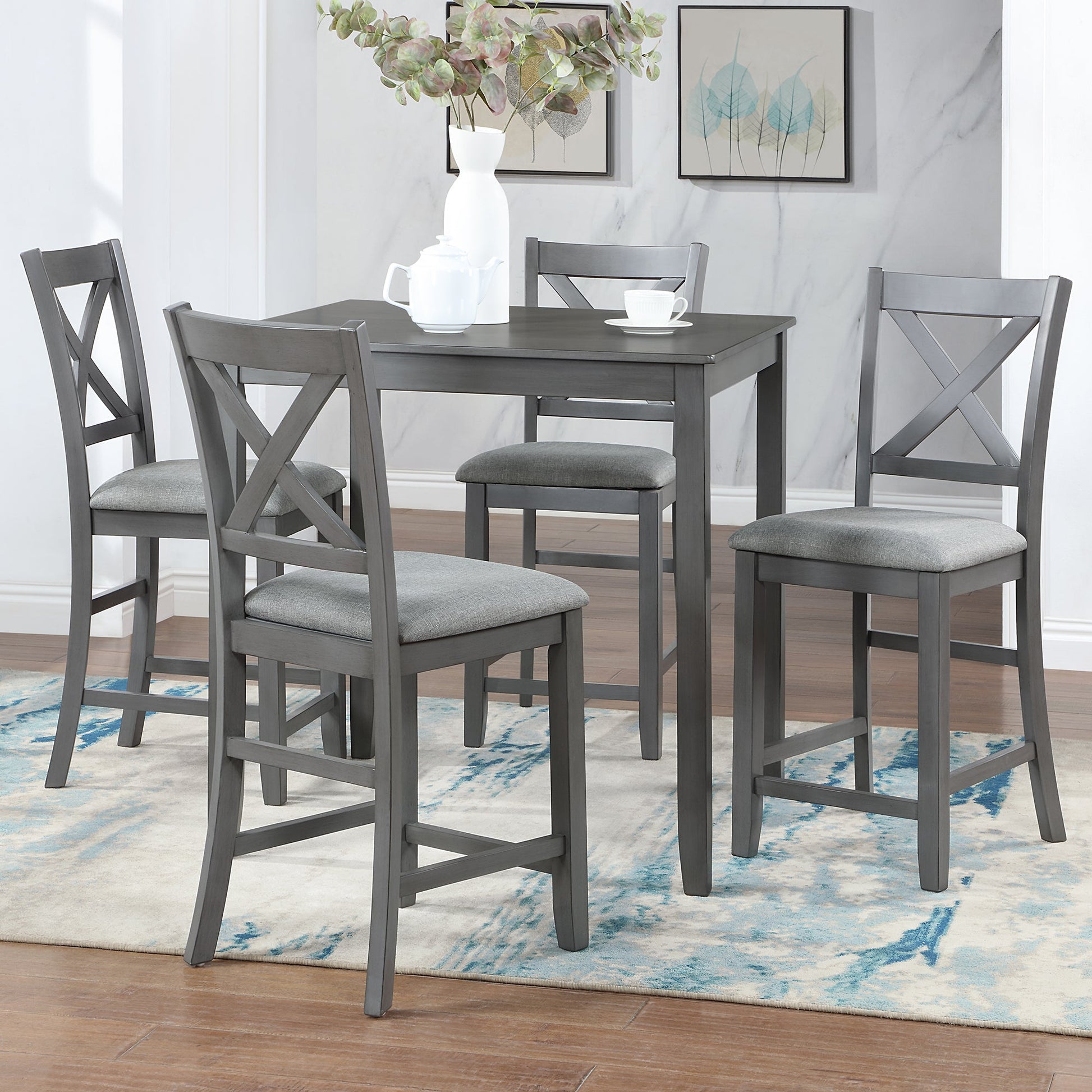 5 Piece Dining Table Set, Wooden Dining Square Table Set for 4, Counter Height Kitchen Table Set with Square Table and 4 Upholstered Chairs for Small Space, Gray - 1st Choice Furniture Direct