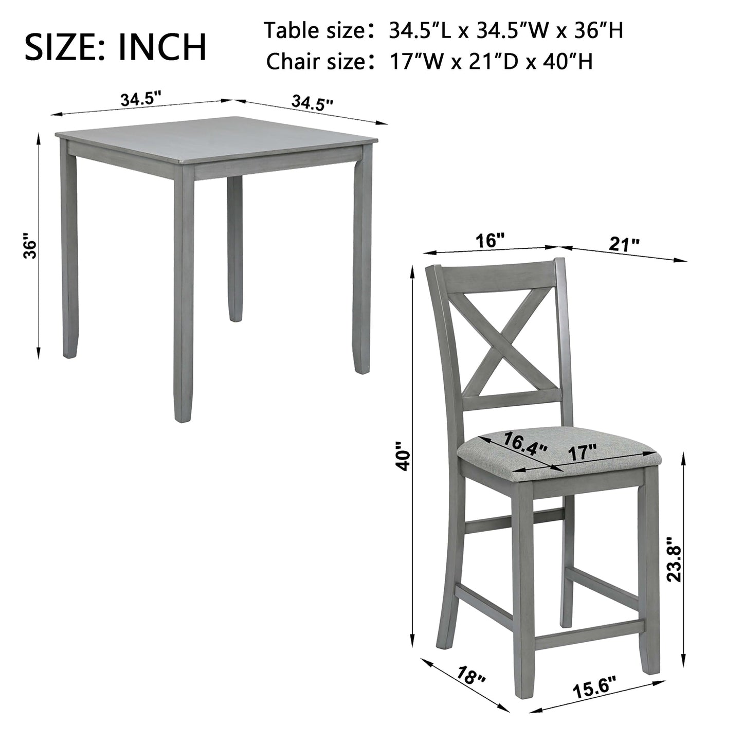5 Piece Dining Table Set, Wooden Dining Square Table Set for 4, Counter Height Kitchen Table Set with Square Table and 4 Upholstered Chairs for Small Space, Gray - 1st Choice Furniture Direct