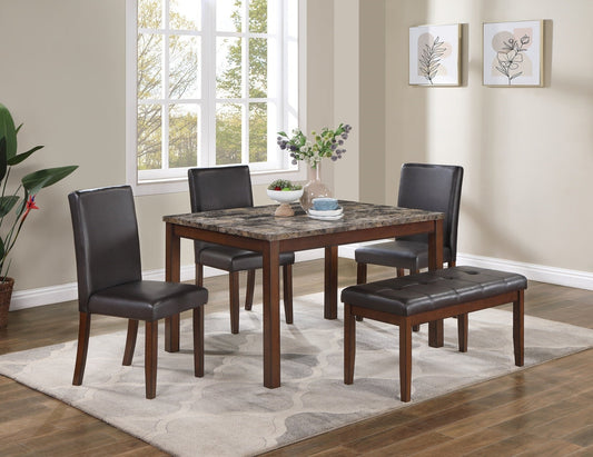 5 - Piece Espresso Dining Set with Faux Marble Table, Bench & Chairs - 1st Choice Furniture Direct