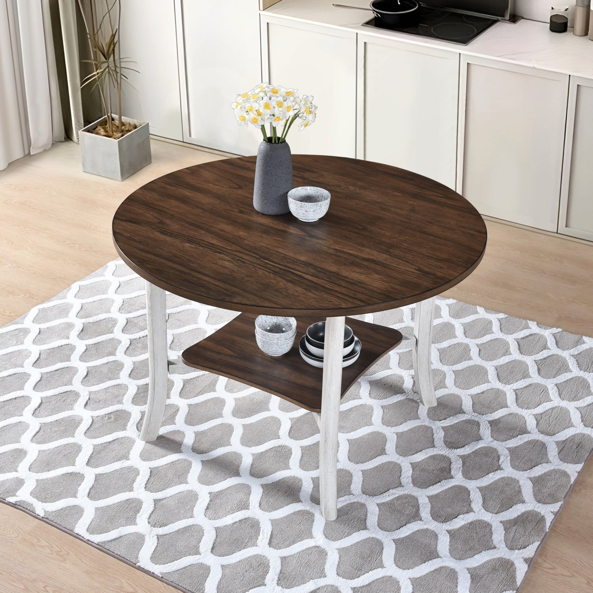 5 Piece Farmhouse Round Dining Set – Antique White Dining Table with 4 Chairs - 1st Choice Furniture Direct