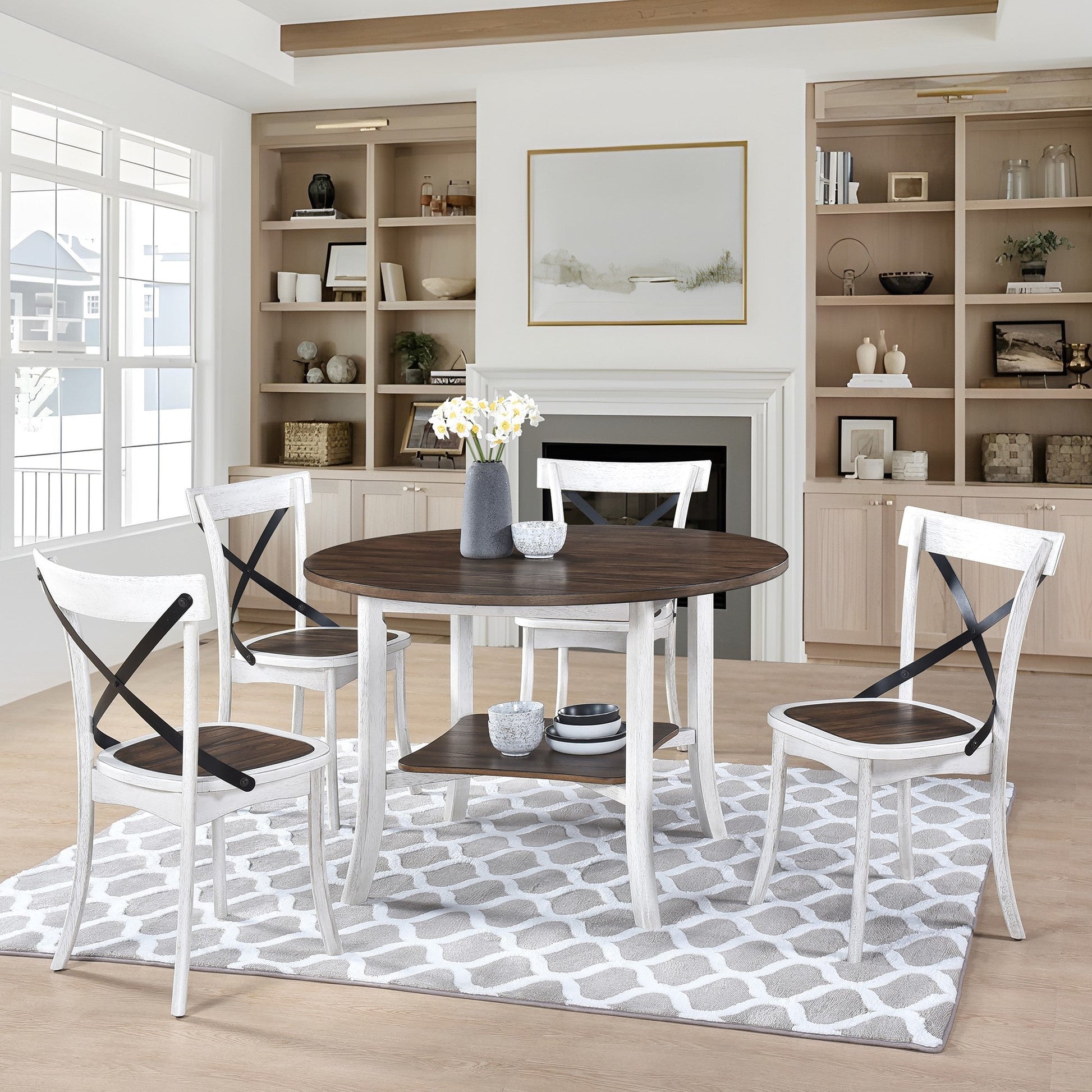 5 Piece Farmhouse Round Dining Set – Antique White Dining Table with 4 Chairs - 1st Choice Furniture Direct
