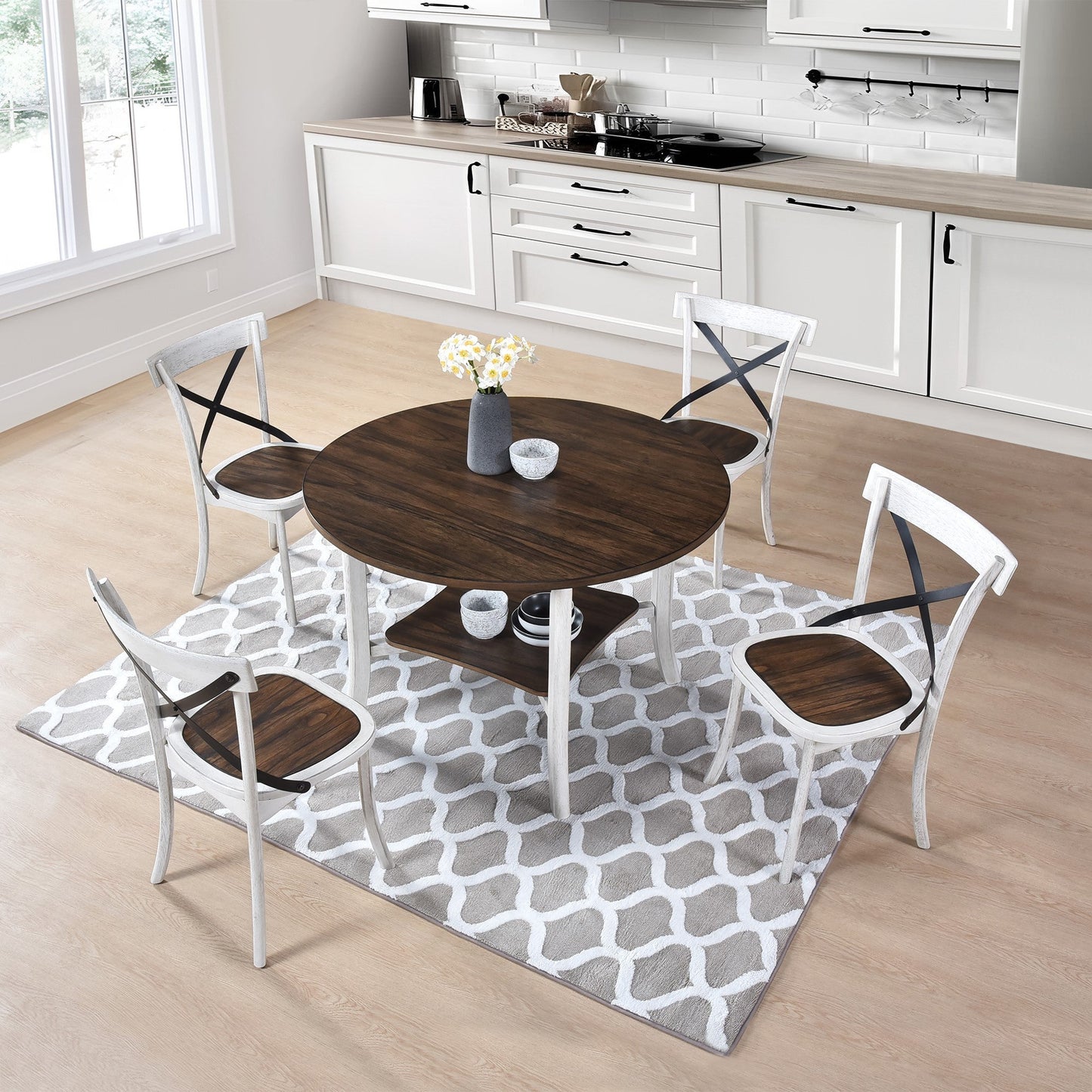 5 Piece Farmhouse Round Dining Set – Antique White Dining Table with 4 Chairs - 1st Choice Furniture Direct