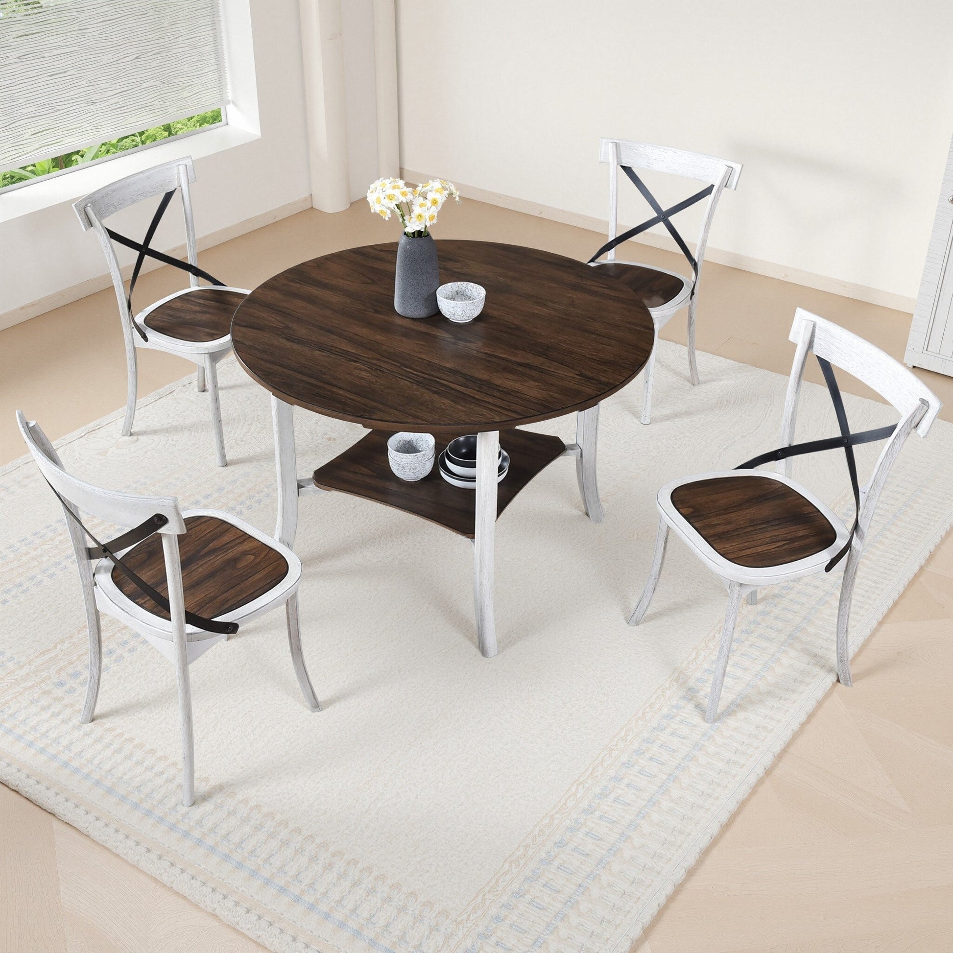 5 Piece Farmhouse Round Dining Set – Antique White Dining Table with 4 Chairs - 1st Choice Furniture Direct