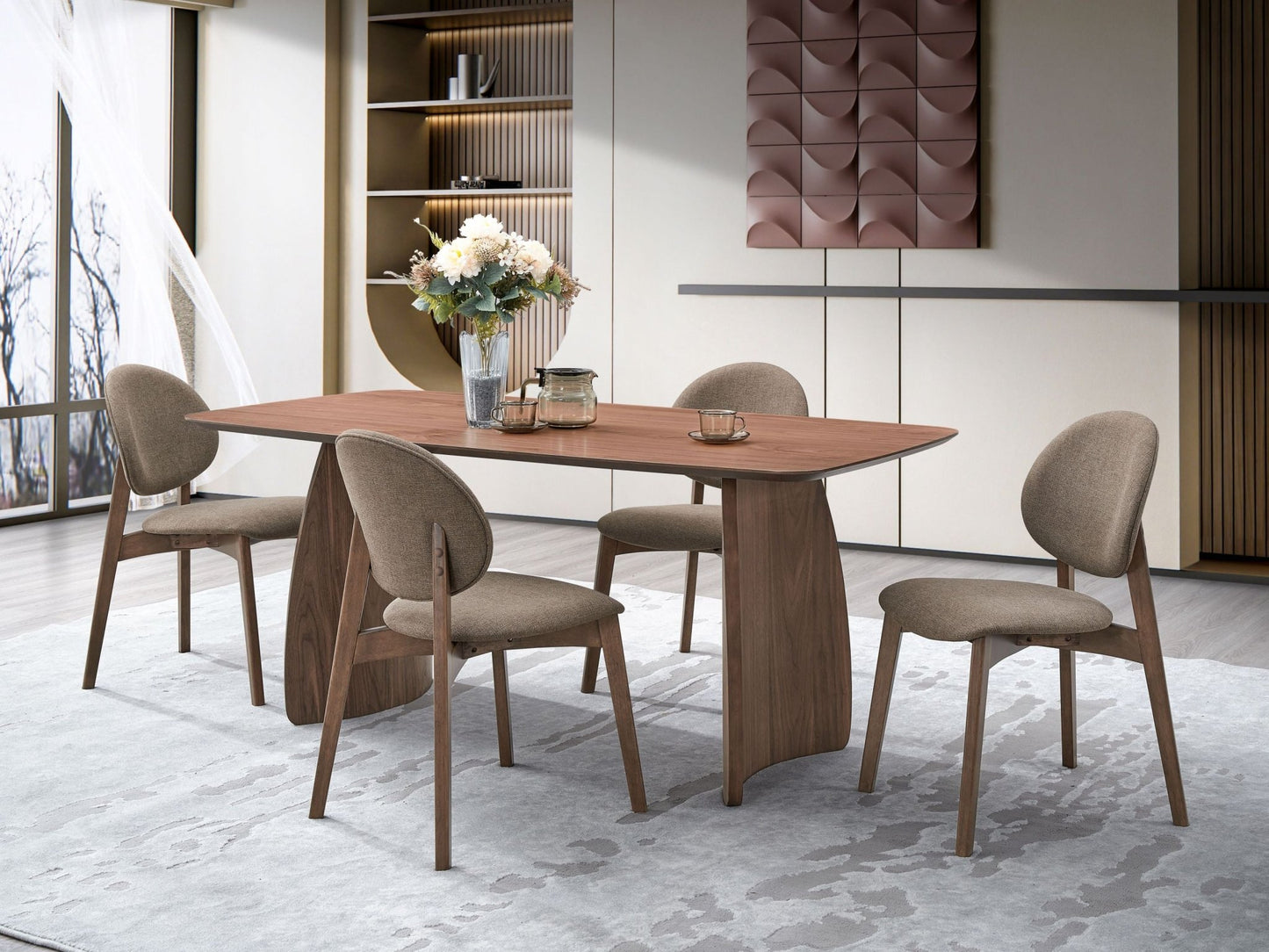 5-Piece Light Brown & Walnut Dining Set with Curved Base Table - 1st Choice Furniture Direct