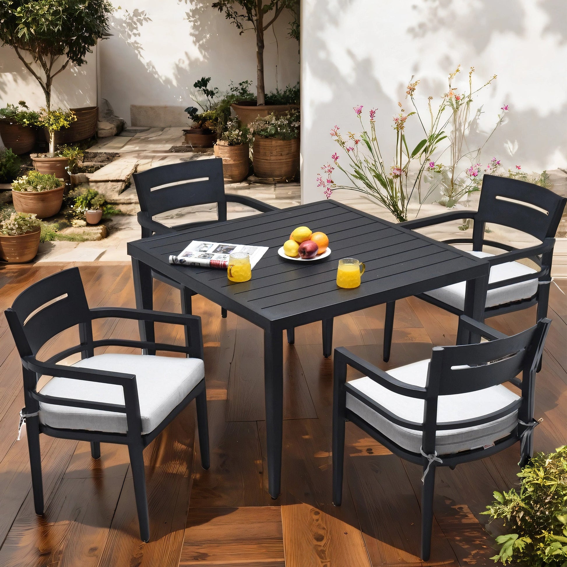 5 - Piece Outdoor Patio Aluminum Furniture, Modern Dining Set, including 4 Dining Chairs Sunbrella Fabric Cushioned and 40' Square Dining Table with 2'Umbrella Hole, Ember Black - 1st Choice Furniture Direct