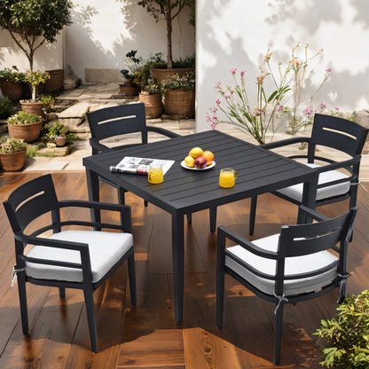5 - Piece Outdoor Patio Aluminum Furniture, Modern Dining Set, including 4 Dining Chairs Sunbrella Fabric Cushioned and 40' Square Dining Table with 2'Umbrella Hole, Ember Black - 1st Choice Furniture Direct