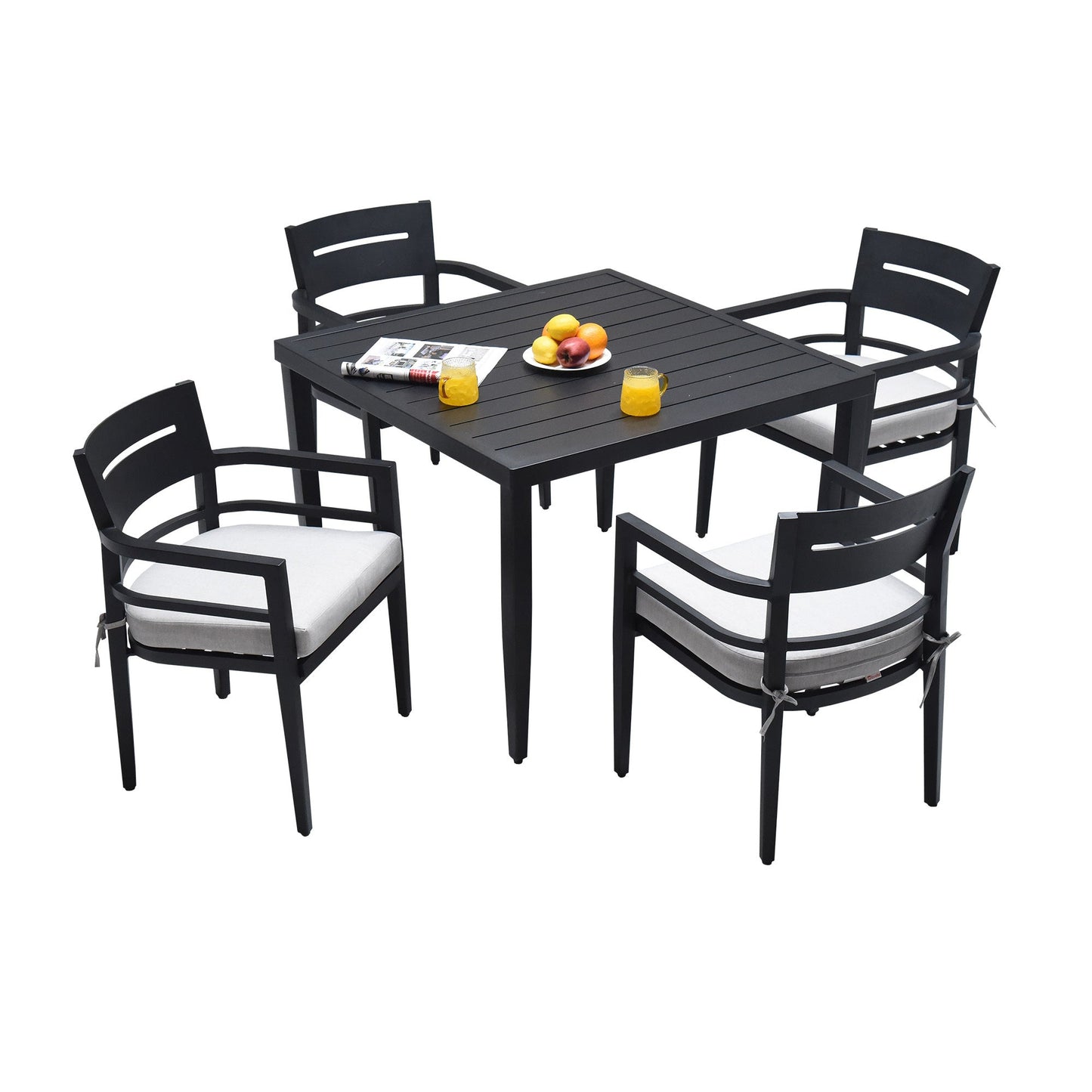 5 - Piece Outdoor Patio Aluminum Furniture, Modern Dining Set, including 4 Dining Chairs Sunbrella Fabric Cushioned and 40' Square Dining Table with 2'Umbrella Hole, Ember Black - 1st Choice Furniture Direct