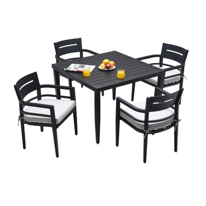 5 - Piece Outdoor Patio Aluminum Furniture, Modern Dining Set, including 4 Dining Chairs Sunbrella Fabric Cushioned and 40' Square Dining Table with 2'Umbrella Hole, Ember Black - 1st Choice Furniture Direct