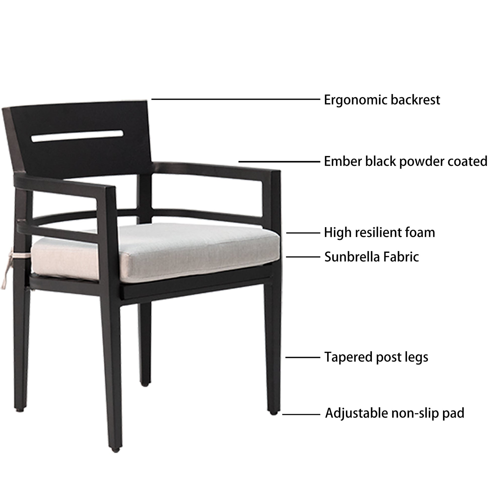 5 - Piece Outdoor Patio Aluminum Furniture, Modern Dining Set, including 4 Dining Chairs Sunbrella Fabric Cushioned and 40' Square Dining Table with 2'Umbrella Hole, Ember Black - 1st Choice Furniture Direct