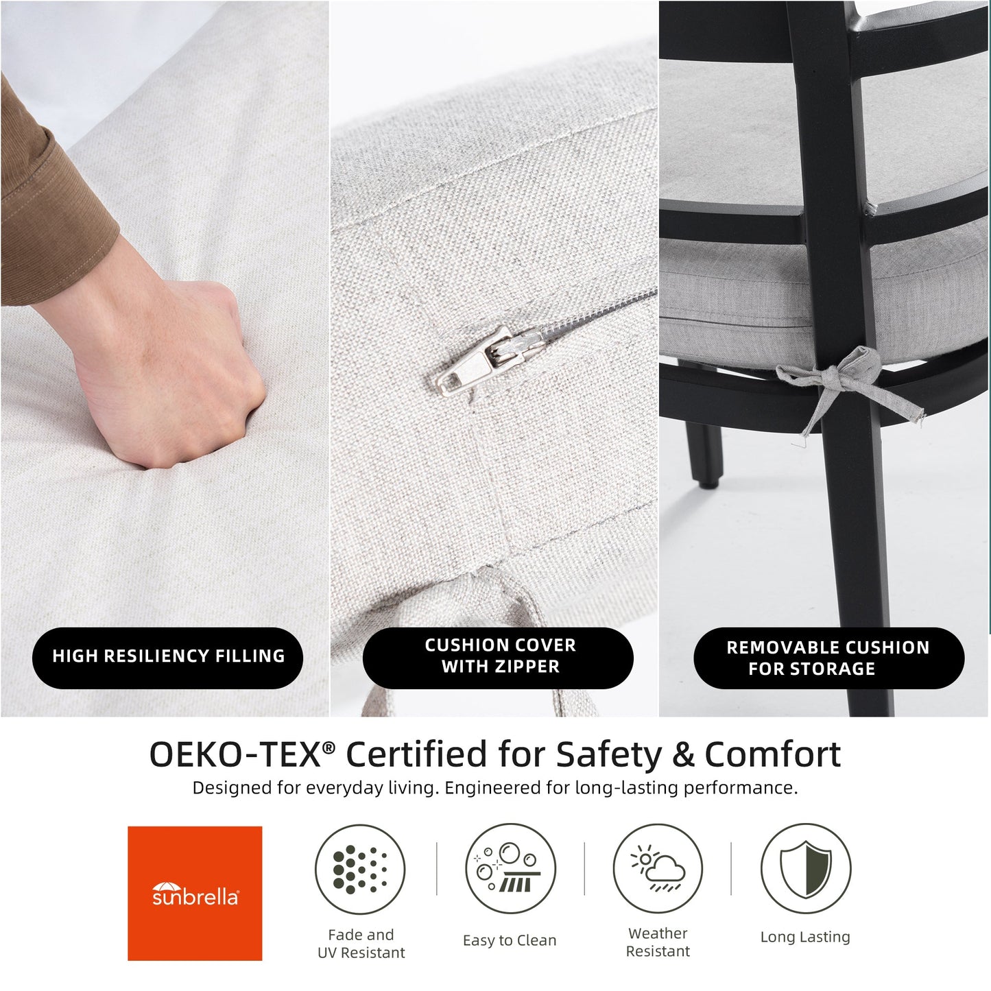 5 - Piece Outdoor Patio Aluminum Furniture, Modern Dining Set, including 4 Dining Chairs Sunbrella Fabric Cushioned and 40' Square Dining Table with 2'Umbrella Hole, Ember Black - 1st Choice Furniture Direct