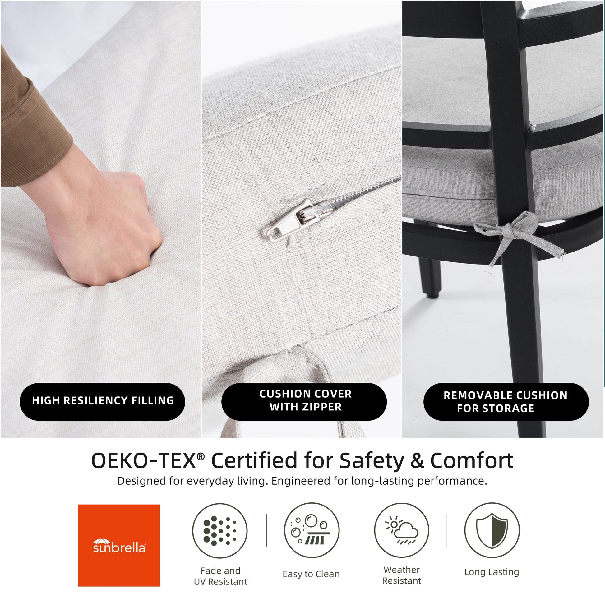 5 - Piece Outdoor Patio Aluminum Furniture, Modern Dining Set, including 4 Dining Chairs Sunbrella Fabric Cushioned and 40' Square Dining Table with 2'Umbrella Hole, Ember Black - 1st Choice Furniture Direct