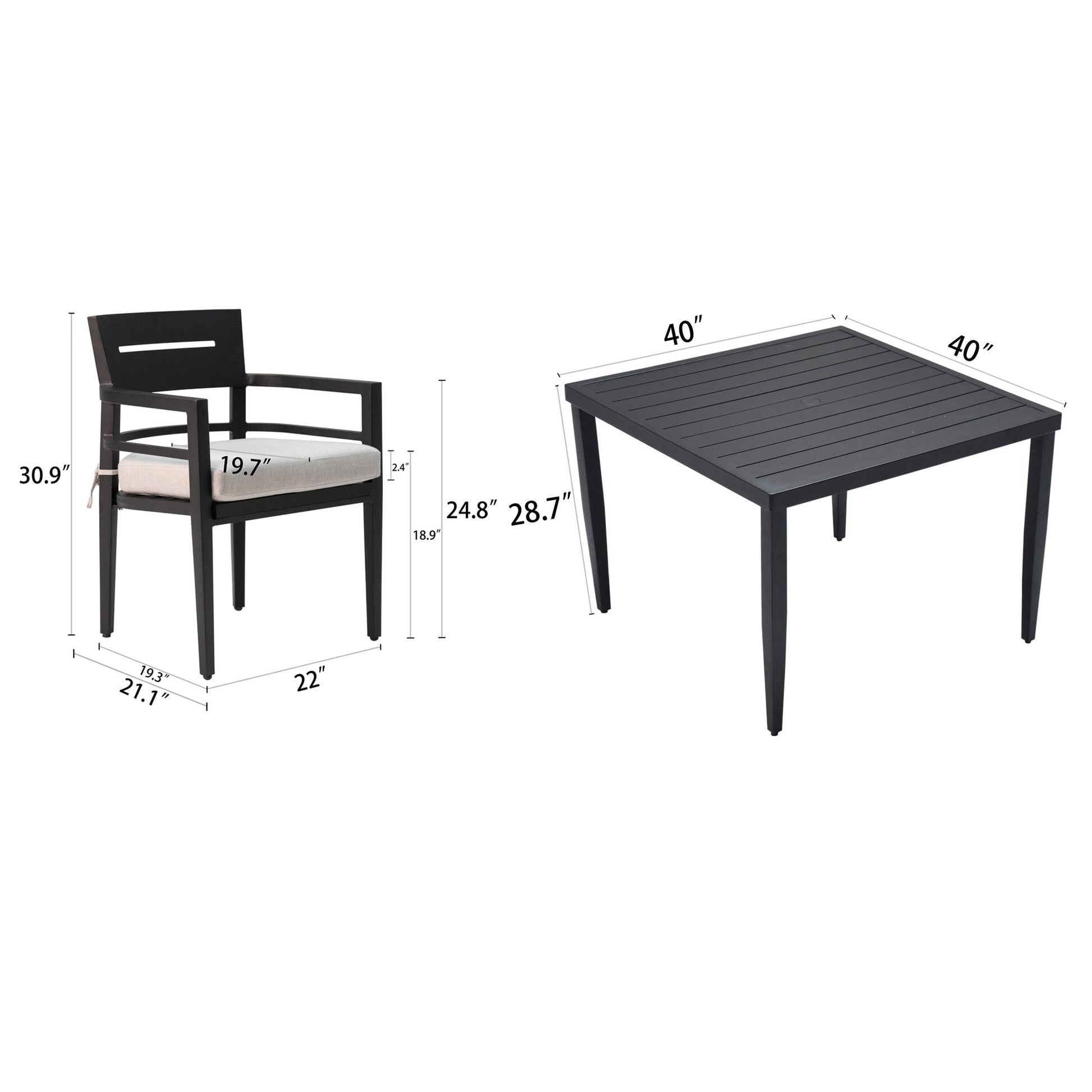 5 - Piece Outdoor Patio Aluminum Furniture, Modern Dining Set, including 4 Dining Chairs Sunbrella Fabric Cushioned and 40' Square Dining Table with 2'Umbrella Hole, Ember Black - 1st Choice Furniture Direct