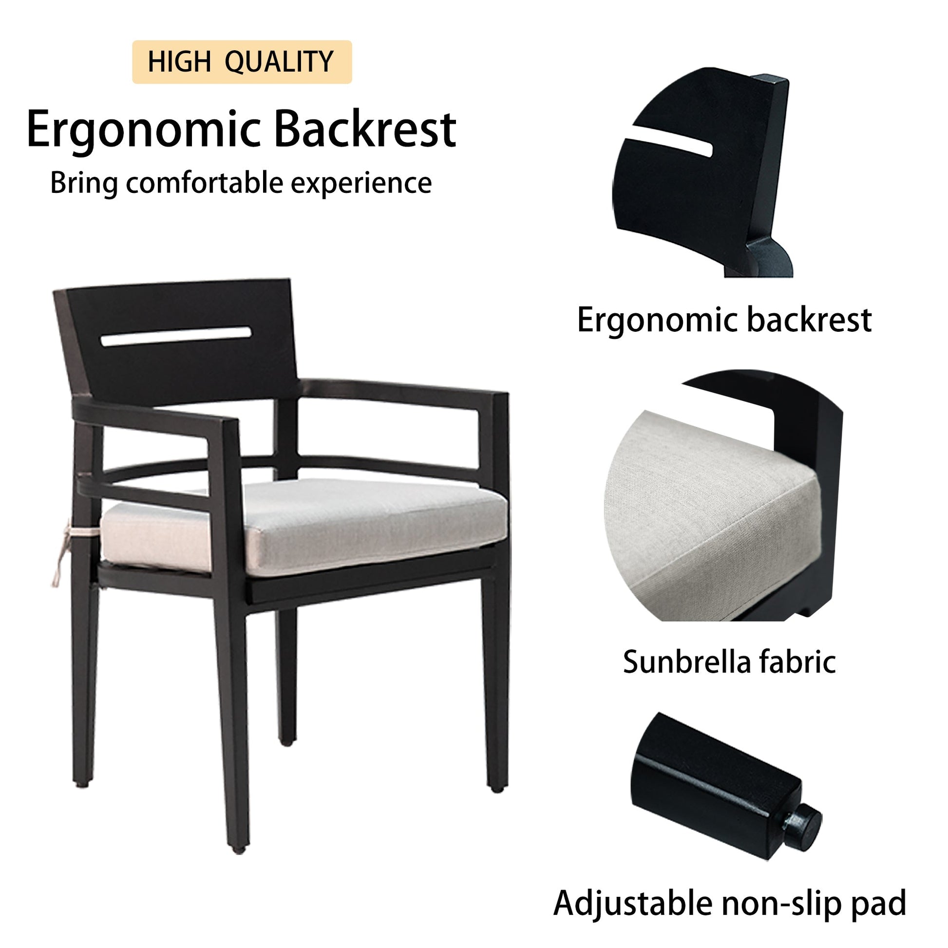 5 - Piece Outdoor Patio Aluminum Furniture, Modern Dining Set, including 4 Dining Chairs Sunbrella Fabric Cushioned and 40' Square Dining Table with 2'Umbrella Hole, Ember Black - 1st Choice Furniture Direct