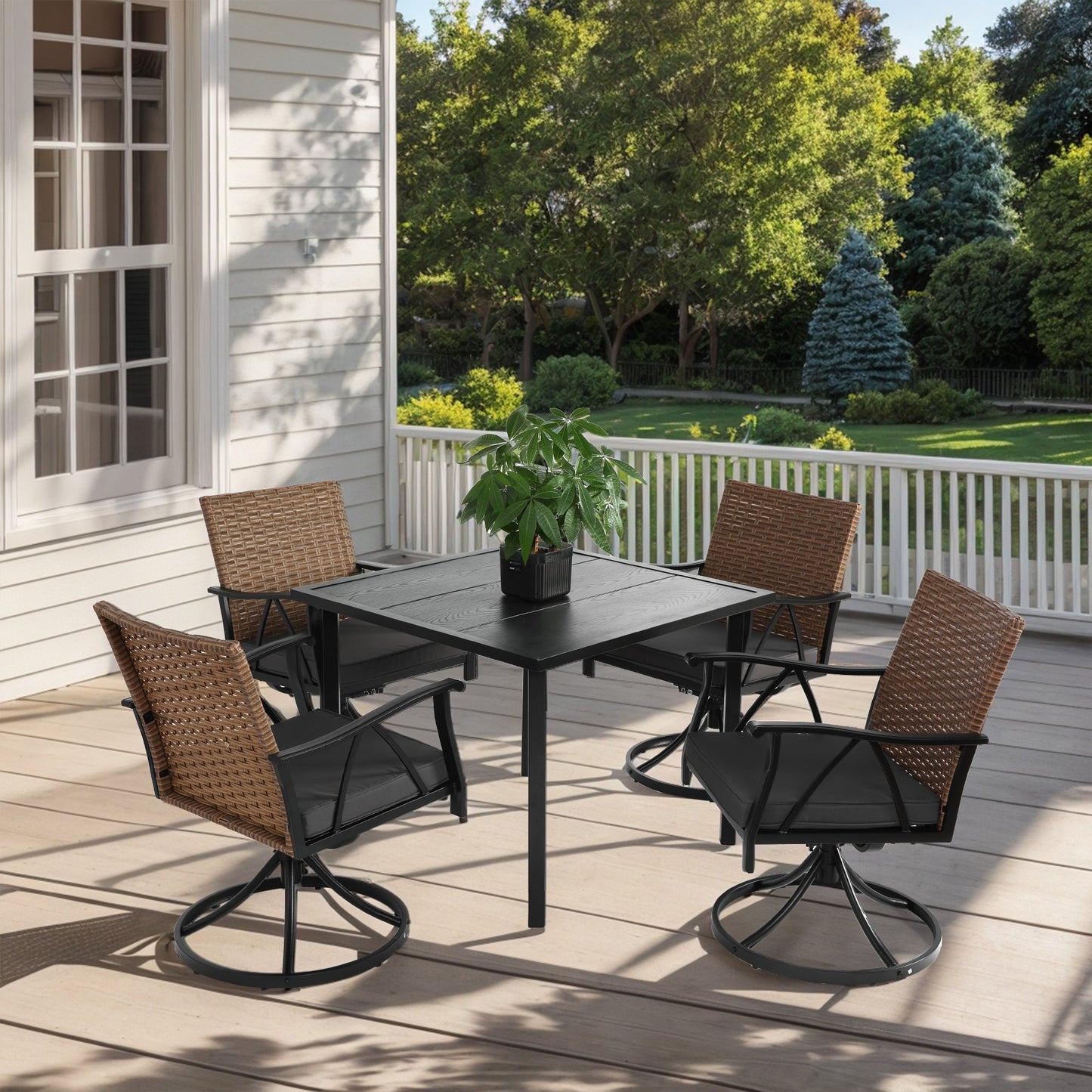 5 Piece Patio Dining Set for 4,Outdoor Wicker Furniture Set for Backyard Garden Deck Poolside with 4 Cushions Swivel Rocker Chairs,steel Table Top, Removable Cushions - 1st Choice Furniture Direct