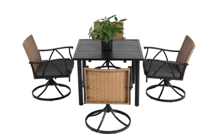 5 Piece Patio Dining Set for 4,Outdoor Wicker Furniture Set for Backyard Garden Deck Poolside with 4 Cushions Swivel Rocker Chairs,steel Table Top, Removable Cushions - 1st Choice Furniture Direct