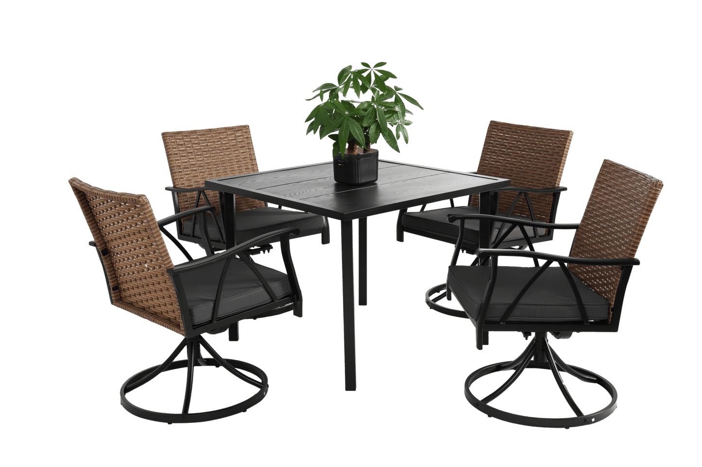 5 Piece Patio Dining Set for 4,Outdoor Wicker Furniture Set for Backyard Garden Deck Poolside with 4 Cushions Swivel Rocker Chairs,steel Table Top, Removable Cushions - 1st Choice Furniture Direct