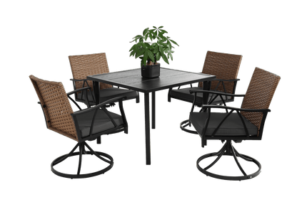 5 Piece Patio Dining Set for 4,Outdoor Wicker Furniture Set for Backyard Garden Deck Poolside with 4 Cushions Swivel Rocker Chairs,steel Table Top, Removable Cushions - 1st Choice Furniture Direct