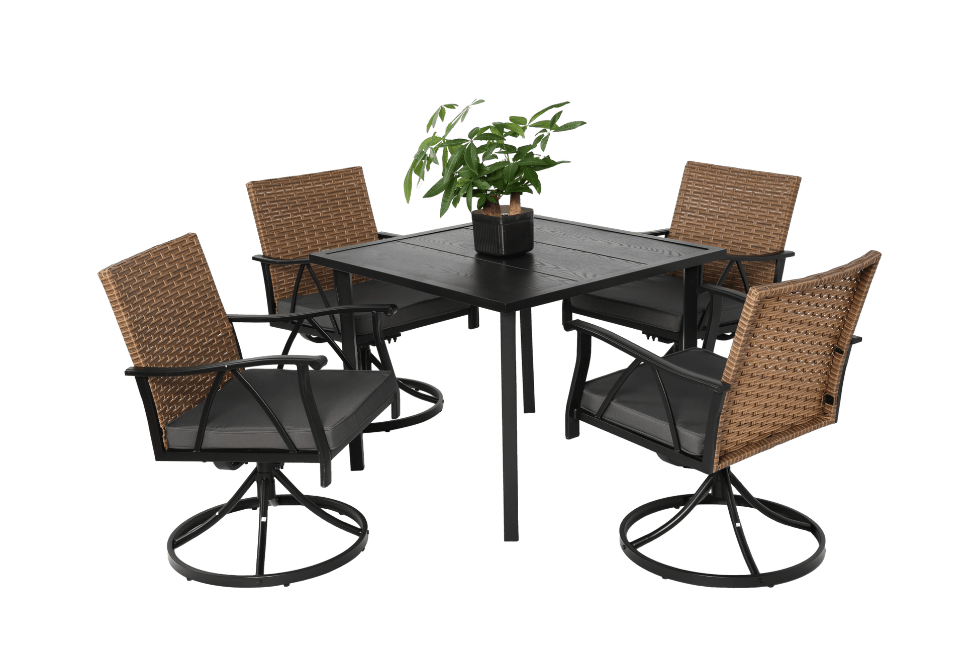 5 Piece Patio Dining Set for 4,Outdoor Wicker Furniture Set for Backyard Garden Deck Poolside with 4 Cushions Swivel Rocker Chairs,steel Table Top, Removable Cushions - 1st Choice Furniture Direct