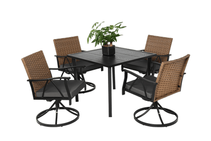 5 Piece Patio Dining Set for 4,Outdoor Wicker Furniture Set for Backyard Garden Deck Poolside with 4 Cushions Swivel Rocker Chairs,steel Table Top, Removable Cushions - 1st Choice Furniture Direct