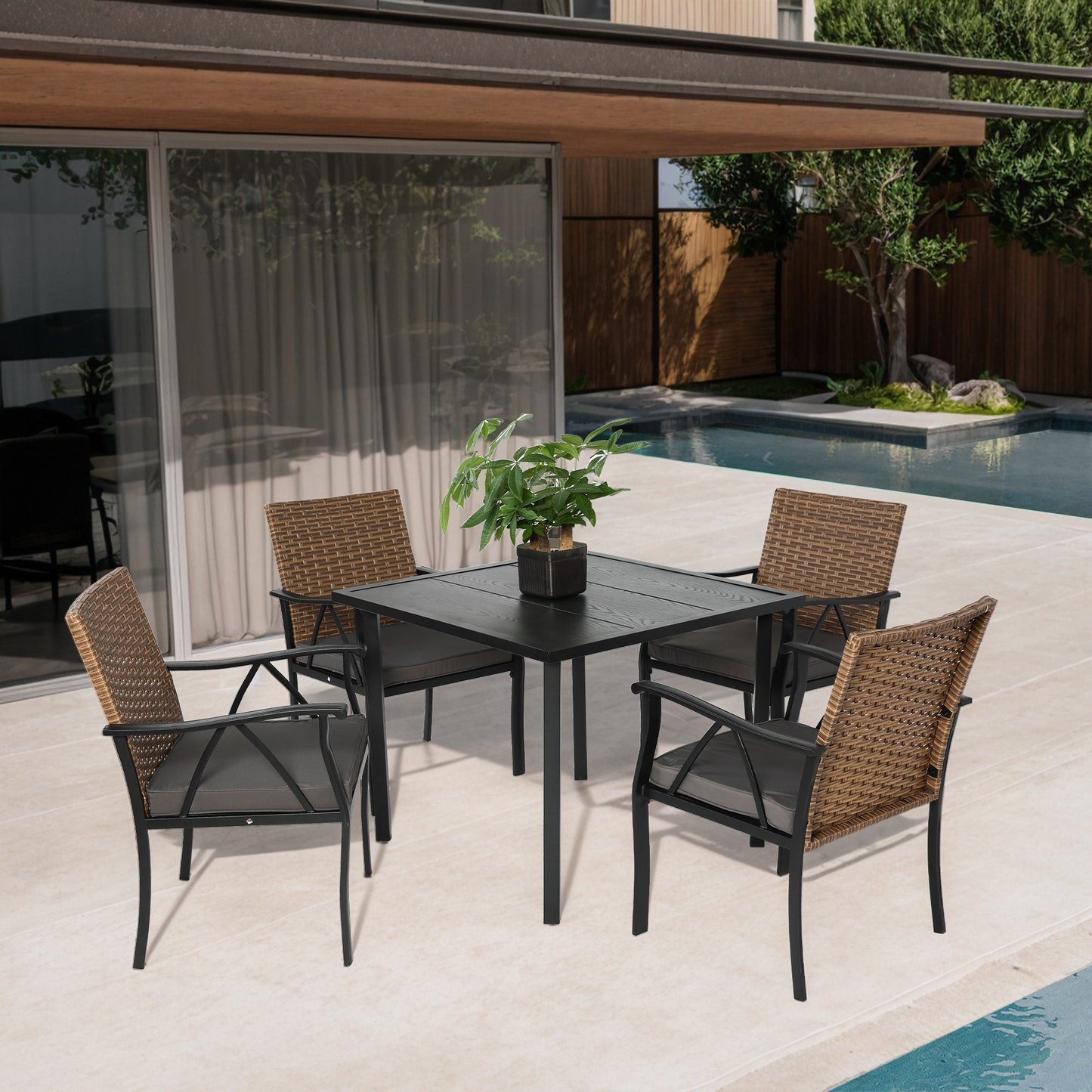 5-Piece Wicker Patio Dining Set with Umbrella Hole - 1st Choice Furniture Direct