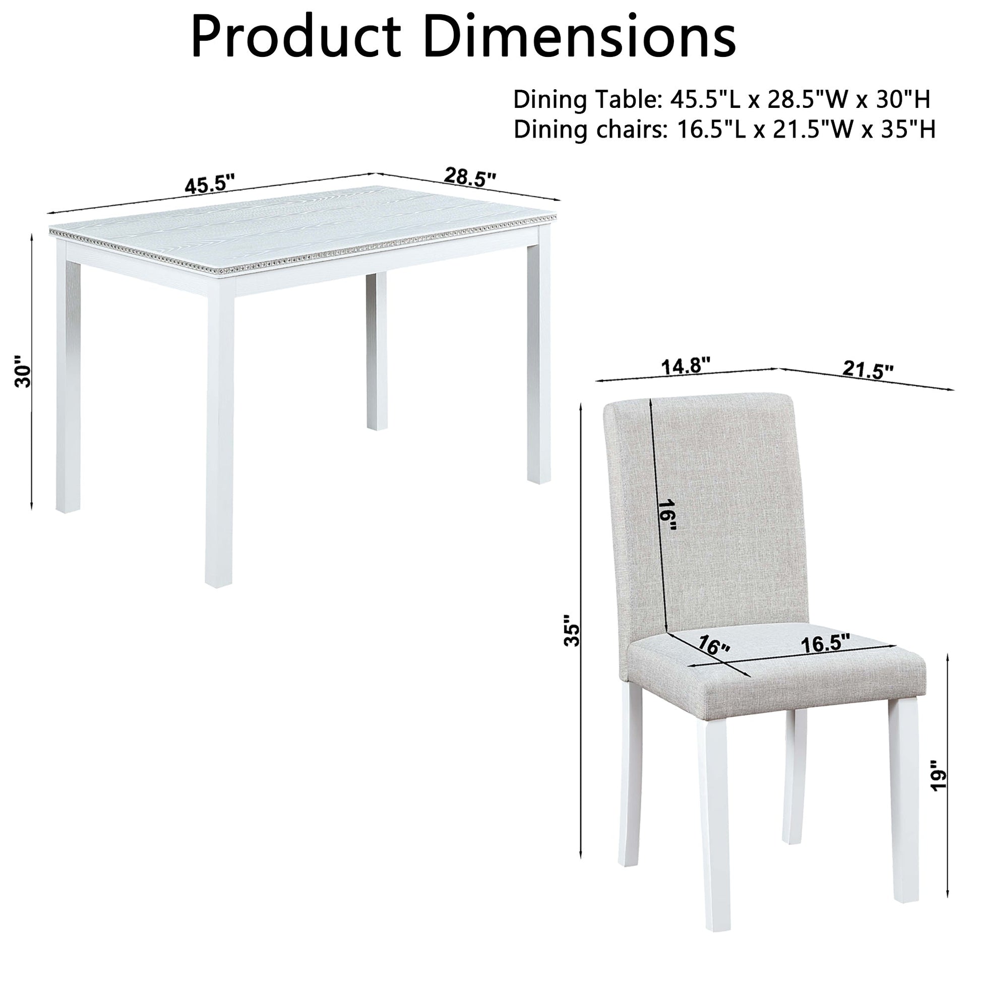 5 - Piece Wooden Dining Table Set with Rectangular Table and 4 Upholstered Chairs – White Dining Room Set with Crystal Decoration for Kitchen or Dining Room - 1st Choice Furniture Direct