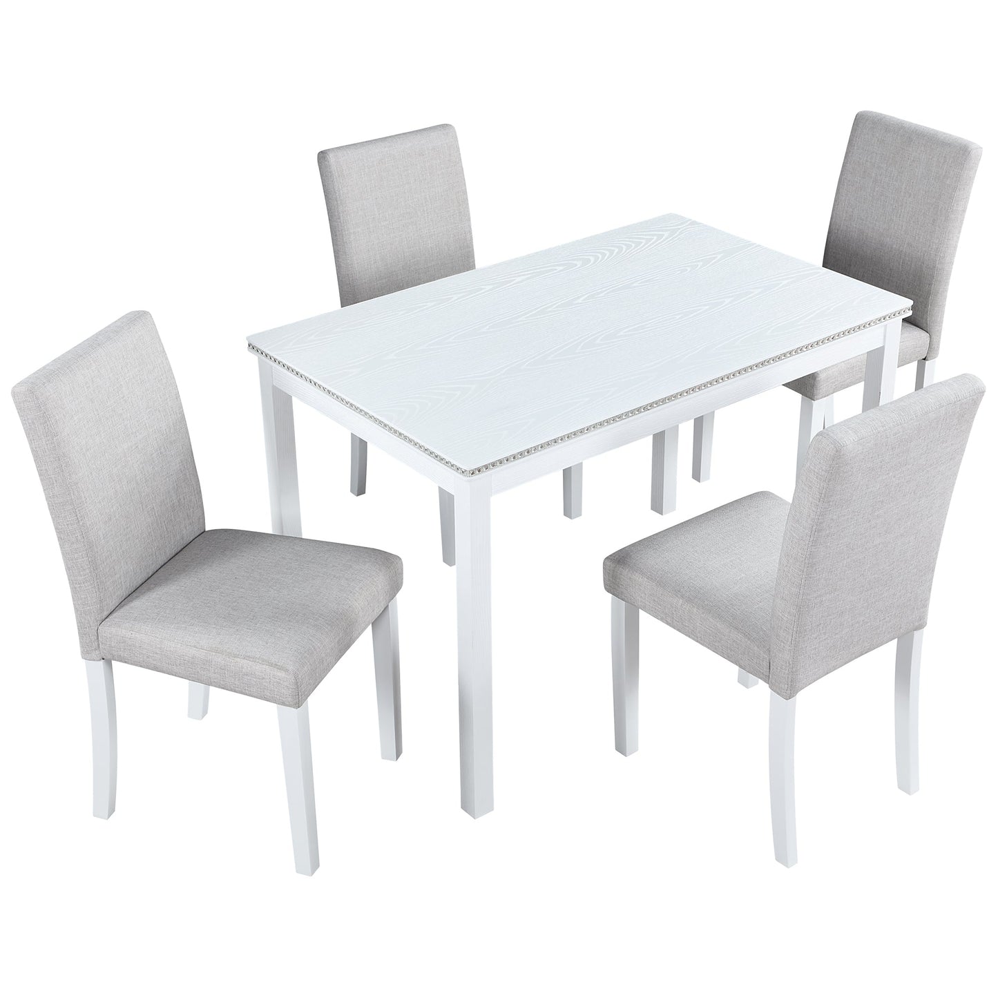 5 - Piece Wooden Dining Table Set with Rectangular Table and 4 Upholstered Chairs – White Dining Room Set with Crystal Decoration for Kitchen or Dining Room - 1st Choice Furniture Direct