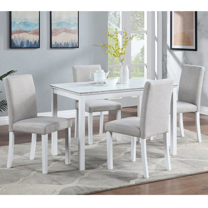 5 - Piece Wooden Dining Table Set with Rectangular Table and 4 Upholstered Chairs – White Dining Room Set with Crystal Decoration for Kitchen or Dining Room - 1st Choice Furniture Direct
