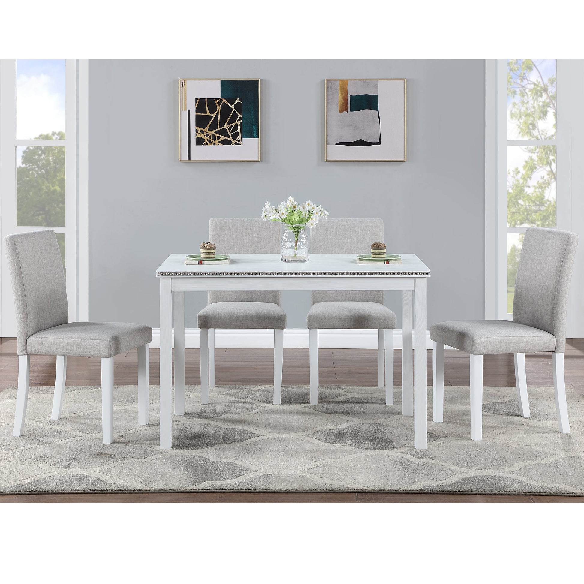 5 - Piece Wooden Dining Table Set with Rectangular Table and 4 Upholstered Chairs – White Dining Room Set with Crystal Decoration for Kitchen or Dining Room - 1st Choice Furniture Direct