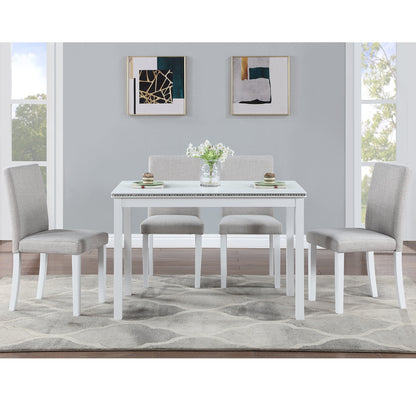 5 - Piece Wooden Dining Table Set with Rectangular Table and 4 Upholstered Chairs – White Dining Room Set with Crystal Decoration for Kitchen or Dining Room - 1st Choice Furniture Direct