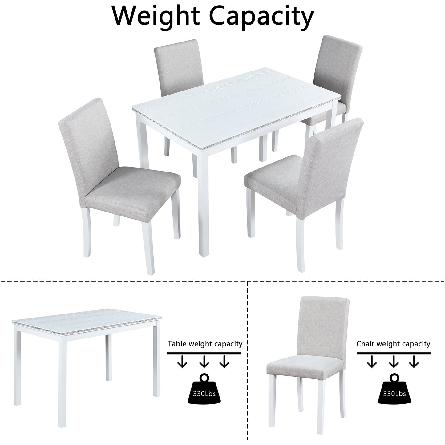 5 - Piece Wooden Dining Table Set with Rectangular Table and 4 Upholstered Chairs – White Dining Room Set with Crystal Decoration for Kitchen or Dining Room - 1st Choice Furniture Direct