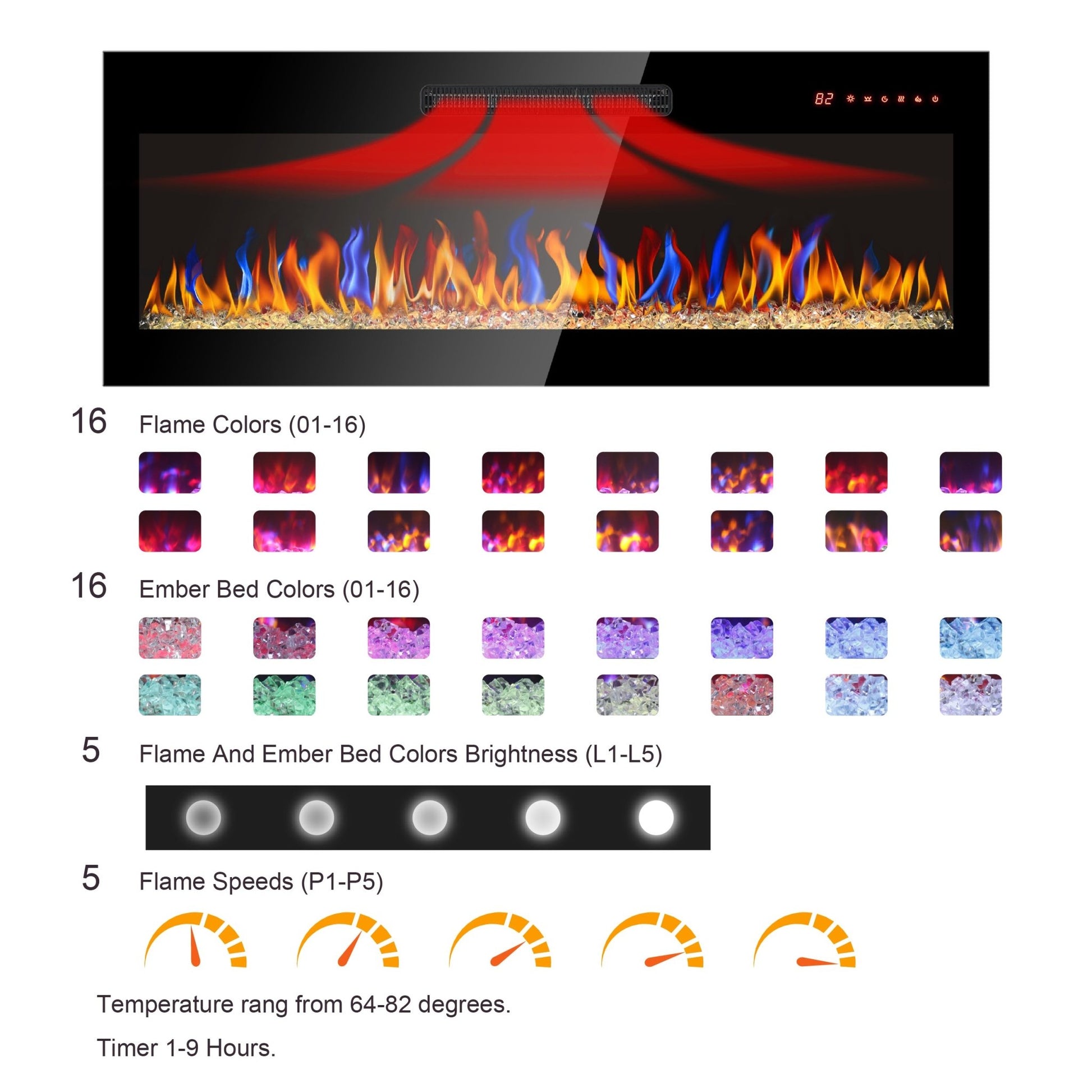 50 Inch Electric Fireplace Wall Mounted with Remote Control - 1st Choice Furniture Direct