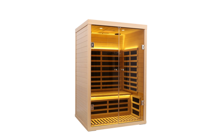Two person wide space hemlock double doors great glass luxury indoor Far infrared sauna room