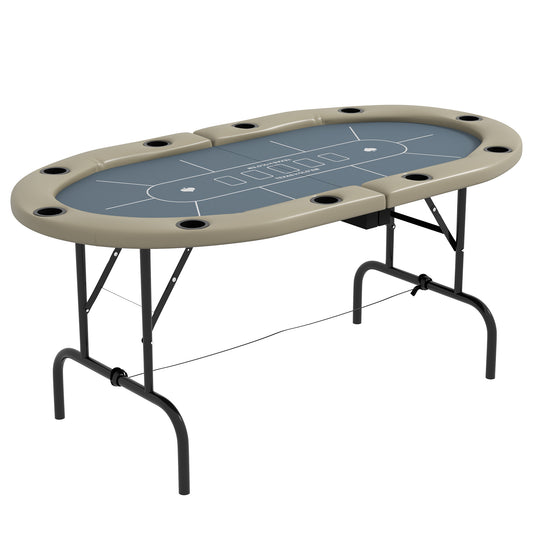 Soozier Poker Table Foldable, 70' Oval Blackjack Casino Texas Holdem Poker Game Table for 10 Players with Cup Holders, Blue and Brown