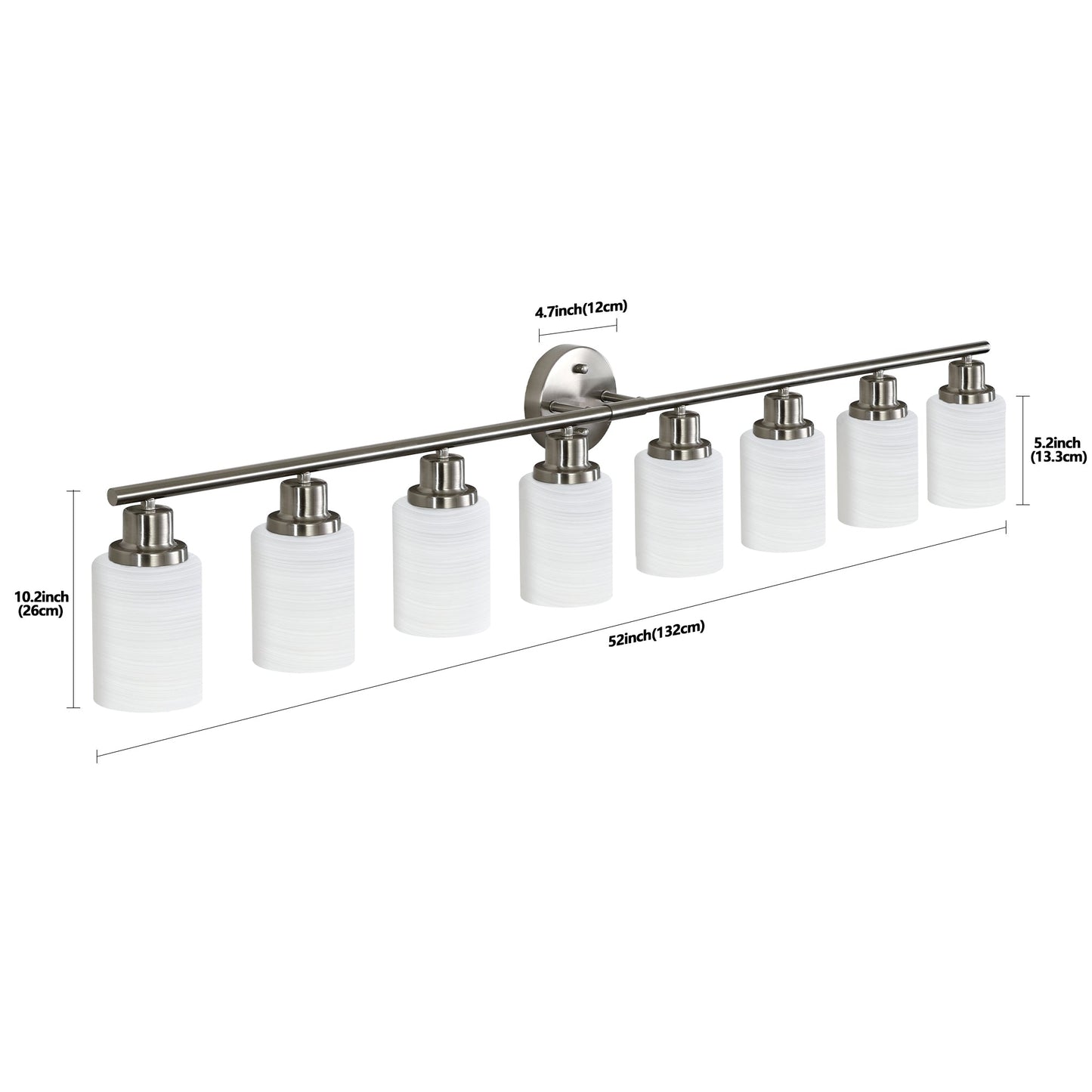52' Modern 8 - Light Vanity Wall Sconce, Brushed Nickel Finish with Frosted Glass Shades for Bathroom or Hallway Lighting (No Bulbs) - 1st Choice Furniture Direct