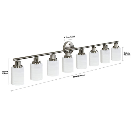 52' Modern 8 - Light Vanity Wall Sconce, Brushed Nickel Finish with Frosted Glass Shades for Bathroom or Hallway Lighting (No Bulbs) - 1st Choice Furniture Direct