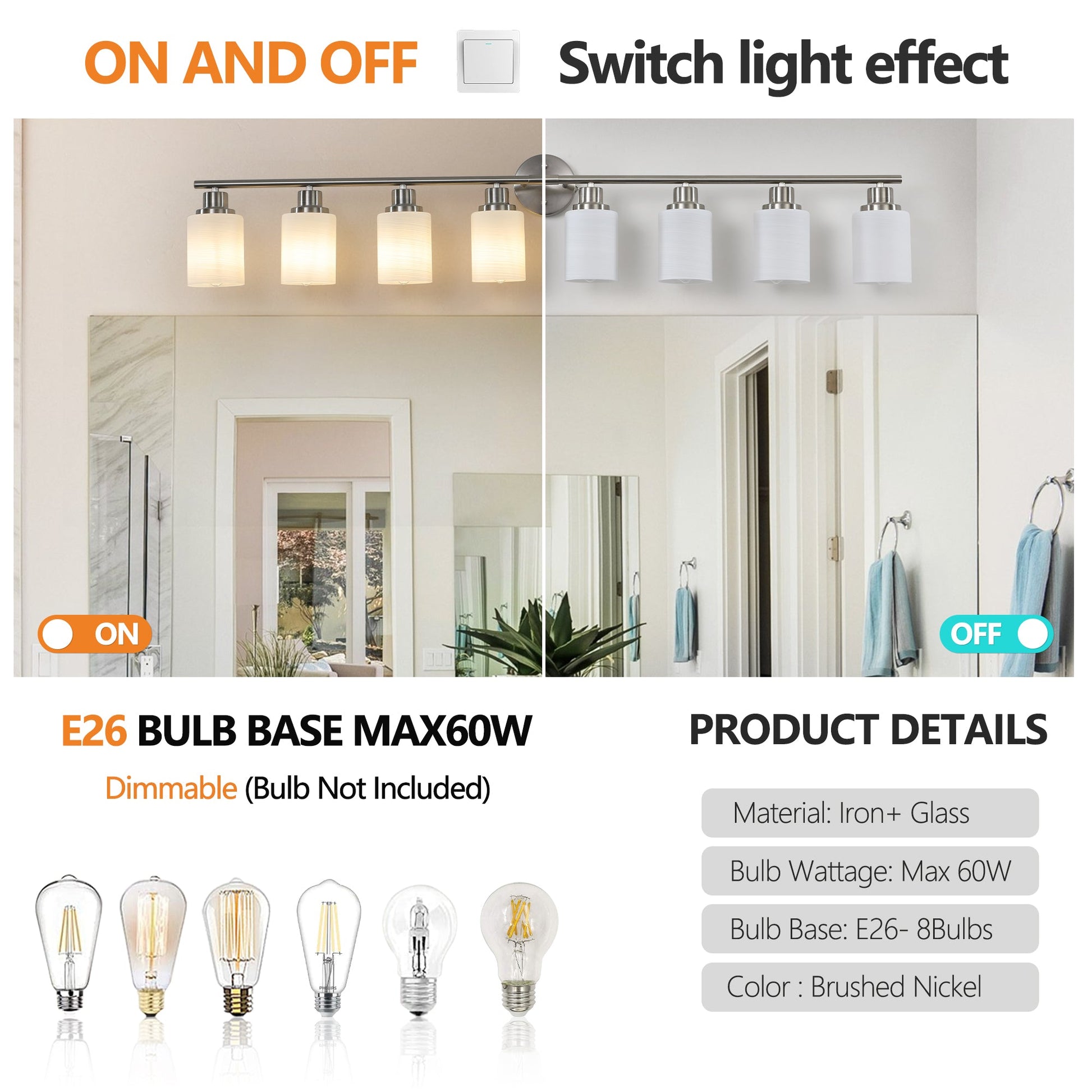 52' Modern 8 - Light Vanity Wall Sconce, Brushed Nickel Finish with Frosted Glass Shades for Bathroom or Hallway Lighting (No Bulbs) - 1st Choice Furniture Direct