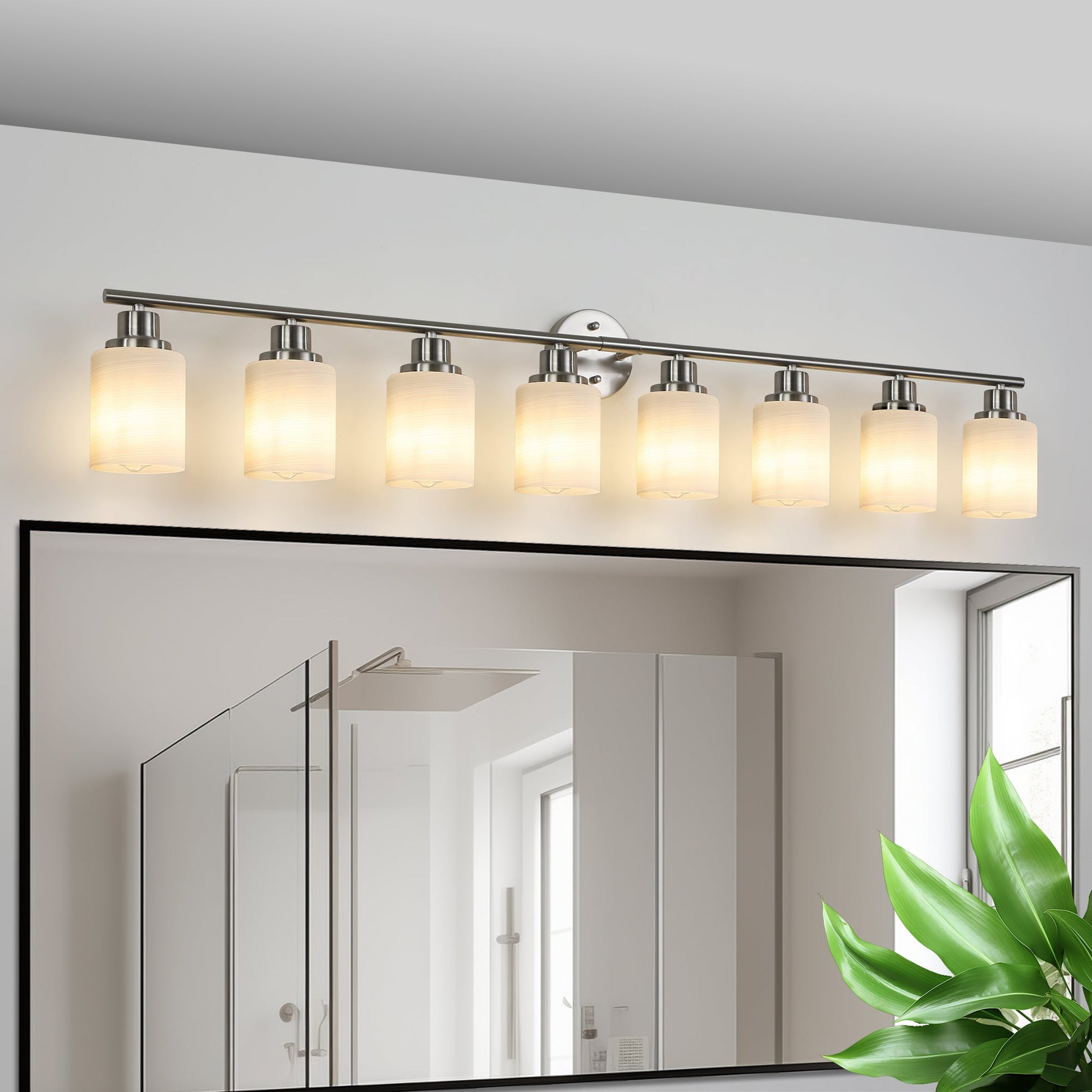52' Modern 8 - Light Vanity Wall Sconce, Brushed Nickel Finish with Frosted Glass Shades for Bathroom or Hallway Lighting (No Bulbs) - 1st Choice Furniture Direct