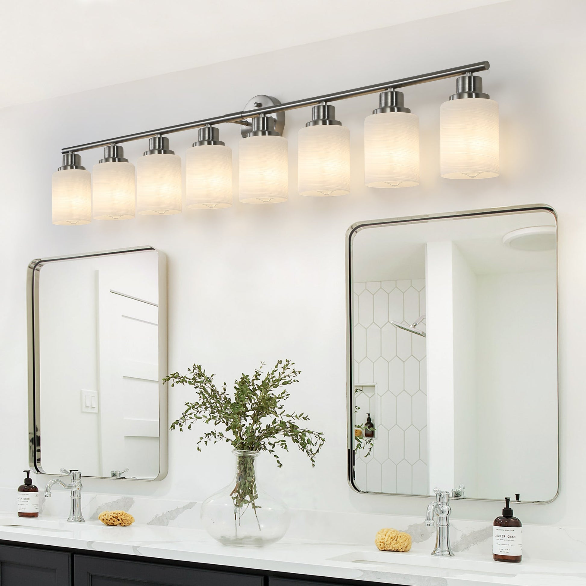 52' Modern 8 - Light Vanity Wall Sconce, Brushed Nickel Finish with Frosted Glass Shades for Bathroom or Hallway Lighting (No Bulbs) - 1st Choice Furniture Direct