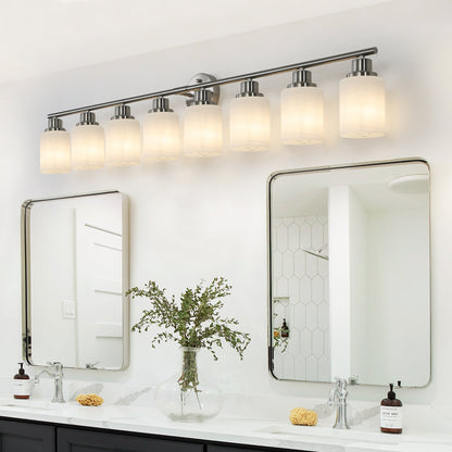 52' Modern 8 - Light Vanity Wall Sconce, Brushed Nickel Finish with Frosted Glass Shades for Bathroom or Hallway Lighting (No Bulbs) - 1st Choice Furniture Direct