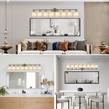 52' Modern 8 - Light Vanity Wall Sconce, Brushed Nickel Finish with Frosted Glass Shades for Bathroom or Hallway Lighting (No Bulbs) - 1st Choice Furniture Direct