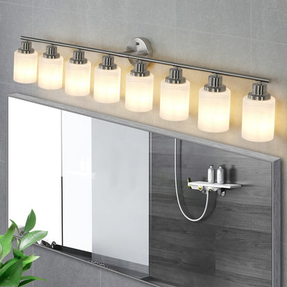 52' Modern 8 - Light Vanity Wall Sconce, Brushed Nickel Finish with Frosted Glass Shades for Bathroom or Hallway Lighting (No Bulbs) - 1st Choice Furniture Direct